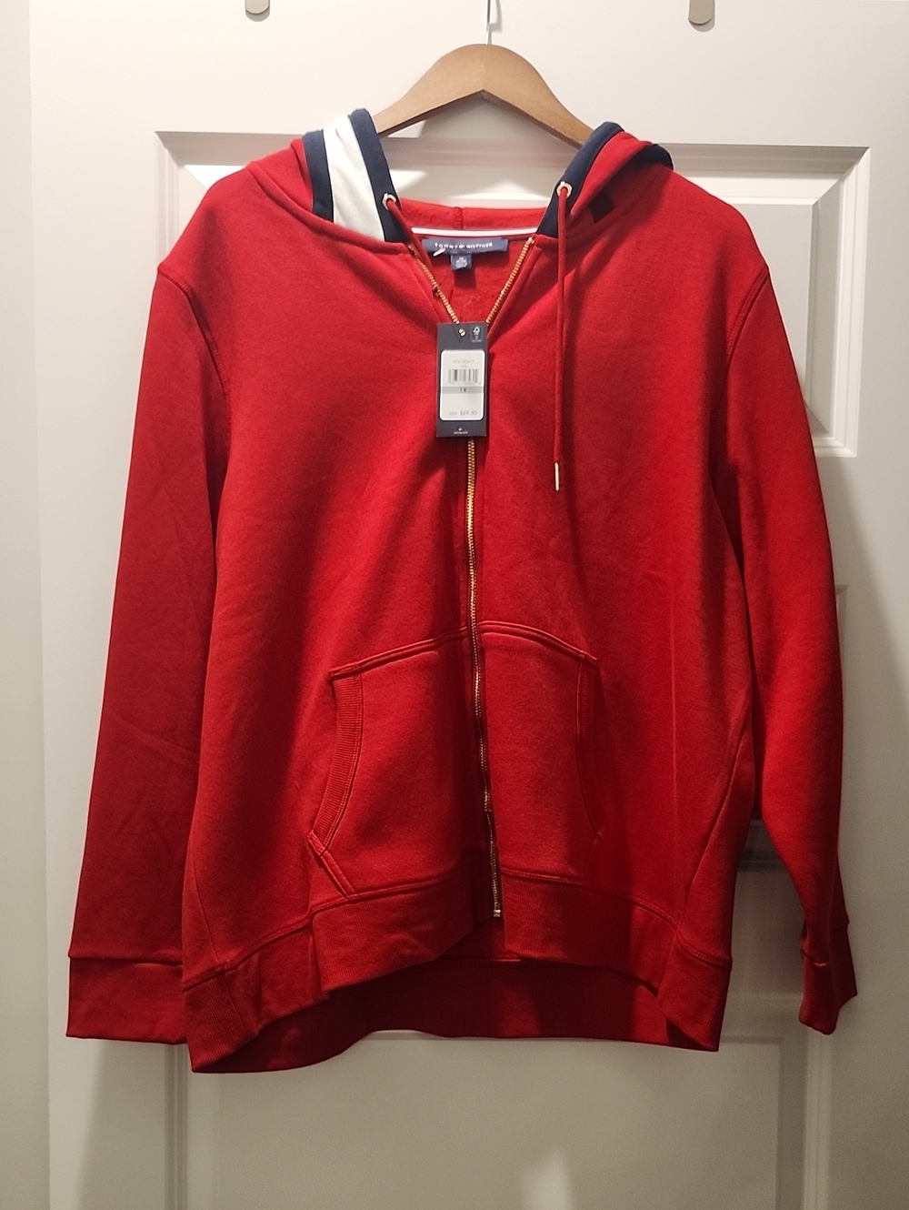 NWT Tommy Hilfiger Red Zip-Front Hoodie with Striped Hood Trim Size XL